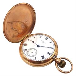 9ct gold full hunter 7 jewels keyless Traveller pocket watch by Waltham U.S.A, No. 19508959, white enamel dial with Roman numerals and subsidiary seconds dial, case by Benson Brothers, Chester 1920