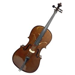 Stentor Student I quarter-size cello with 59.5cm two-piece maple back and ribs and spruce top; bears maker's label with serial no.M072648 L95.5cm overall; in Stentor soft carrying case with bow