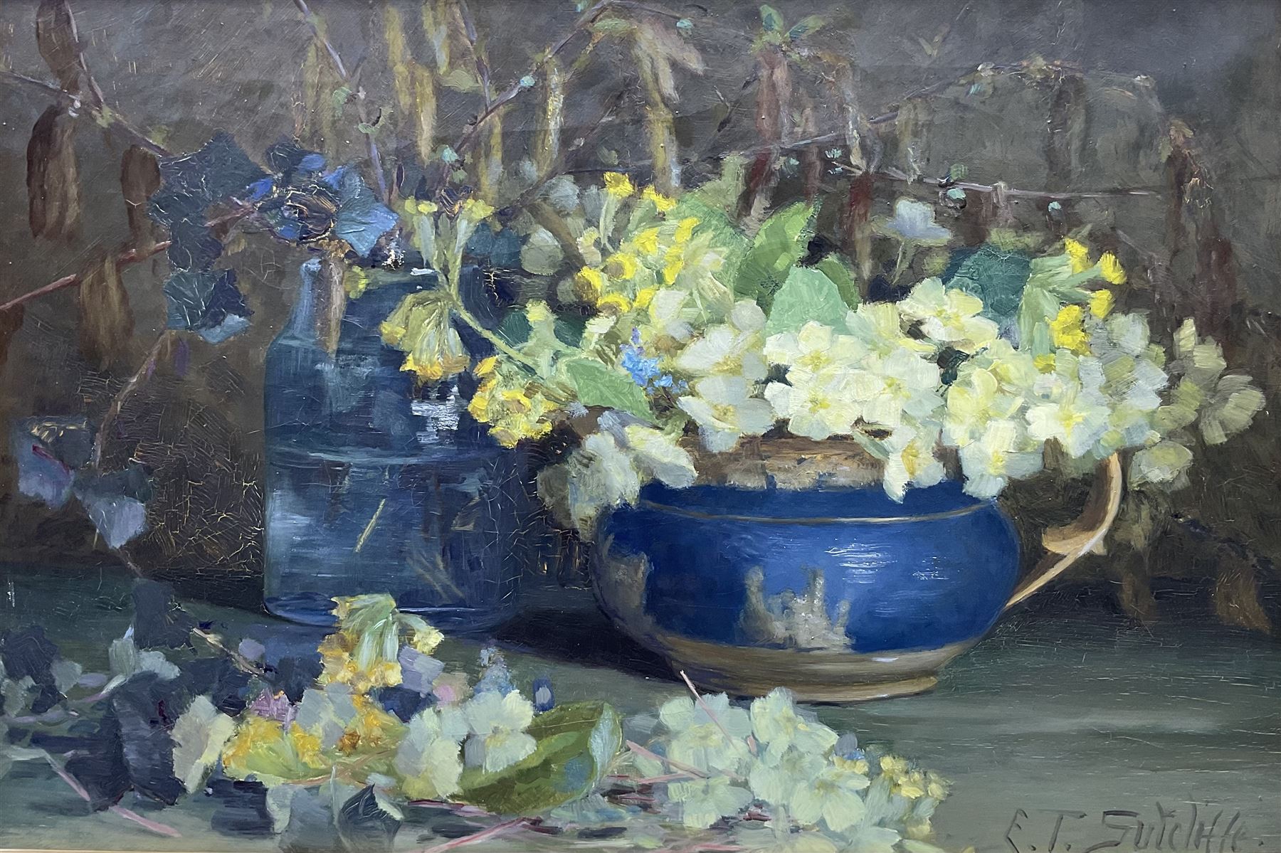 Elizabeth Trevor Sutcliffe (British 1854-1944): Still Life of Spring Flowers, oil on canvas signed 37cm x 55cm
Notes: Studied at Manchester School of Art, France and Italy. Lived in Wales, Whitby and Leeds, married to the fellow artist Lester Sutcliffe (1848-1933)