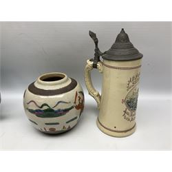 Studio pottery toast rack modelled with sheep, Babbacombe pottery study of a recumbent cat, Japanese vase decorated with warriors, cloisonné, studio pottery vase, German lidded stein etc