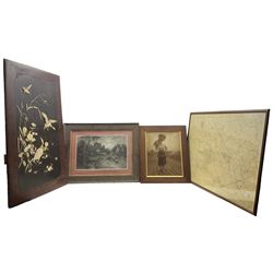 Large Japanese Shibayama style panel, Elmer Keene lithograph, Jules Breton lithograph, and large framed map (4)