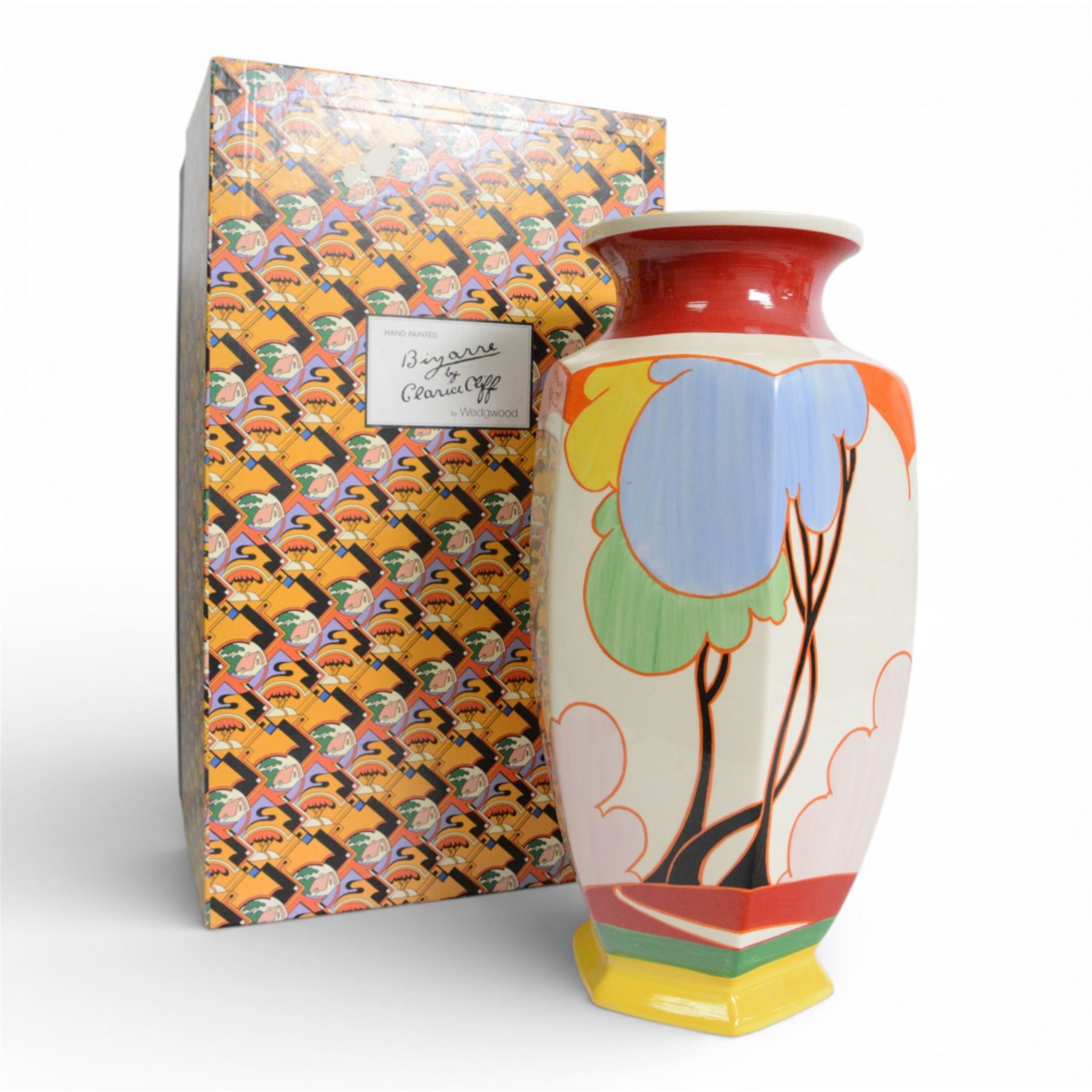 Wedgwood Bizarre by Clarice Cliff, large  hexagonal vase, Blue Autumn, hand painted based upon an original, limited edition 22/100, with certificate and box, H50cm 