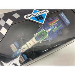 Three Minichamps '18' 1:18 scale die-cast racing cars - Jordan Peugeot 196 1996 R. Barrichello; Benetton Renault B196 G. Berger; and Williams Renault FW18 D. Hill; all boxed (3)