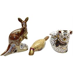 Three Royal Crown Derby paperweights, from the Australian Collection, comprising duck-billed platypus, kangaroo and koala and baby, all with John Ablitt signature in gold, printed mark and gold stoppers