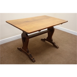  Oak rectangular stretcher table, shaped solid end supports, arched sledge feet joined by single stretcher, W121cm, H72cm, D76cm  