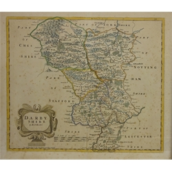  'Darbyshire', map by Robert Morden (c.1650-1703) hand coloured 41cm x 47cm and four 18th century stipple engravings - 'Una' and 'St. Cecilia', two after Joshua Reynolds, 'Erminia' and Feeding Swans after Angela Kauffman 29cm x 24cm (5)  