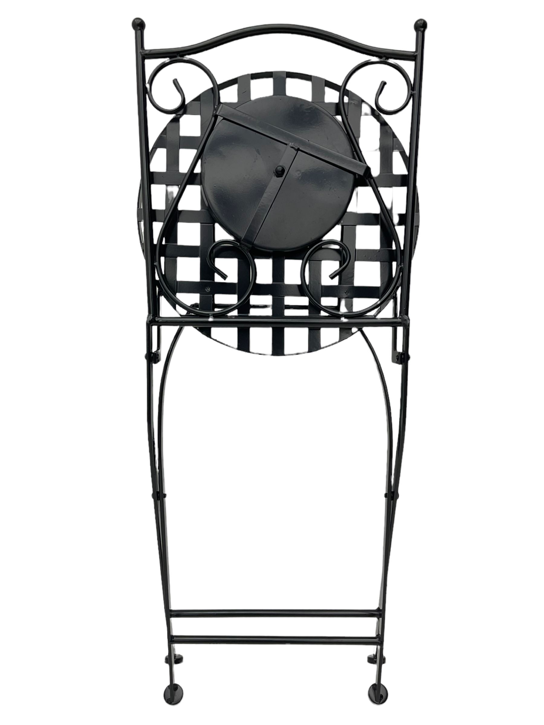 Black painted metal bistro set, circular table with mosaic top, and pair of folding chairs with mosaic panels 