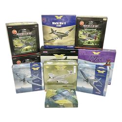 Corgi - Aviation Archive, ten 1:72 and 1:144 scale models comprising ‘Predators of the Skies’ PR99414 800 Naval Air Squadron no.1612/3110, two PR99415 852 Naval Air Squadron - Fleet Air Arm models nos.1029/3110 and 1037/3110; 49503 Battle of Britain Memorial Flight set; AA35004 The Korean War; AA37501 MiG 29 Fulcrum-A East German Air Force no.326/2060; ‘World War II D-Day’ AA30003 no.3305/5000; ‘Airliners of the World’ AA31504 no.370/1300; and AA33001 and AA33002 no.4305/6500; all boxed (10)