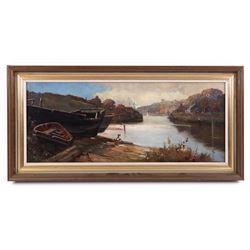 Edwin John Ellis (British 1841-1895): Whitby from Up River Esk, oil on canvas signed 24cm x 60cm