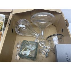 Dartington Crystal glass flower bowl, together with four similar smaller examples, two Orrefors glass bowls, collection of glass decanters, including Dartington and painted example, etc