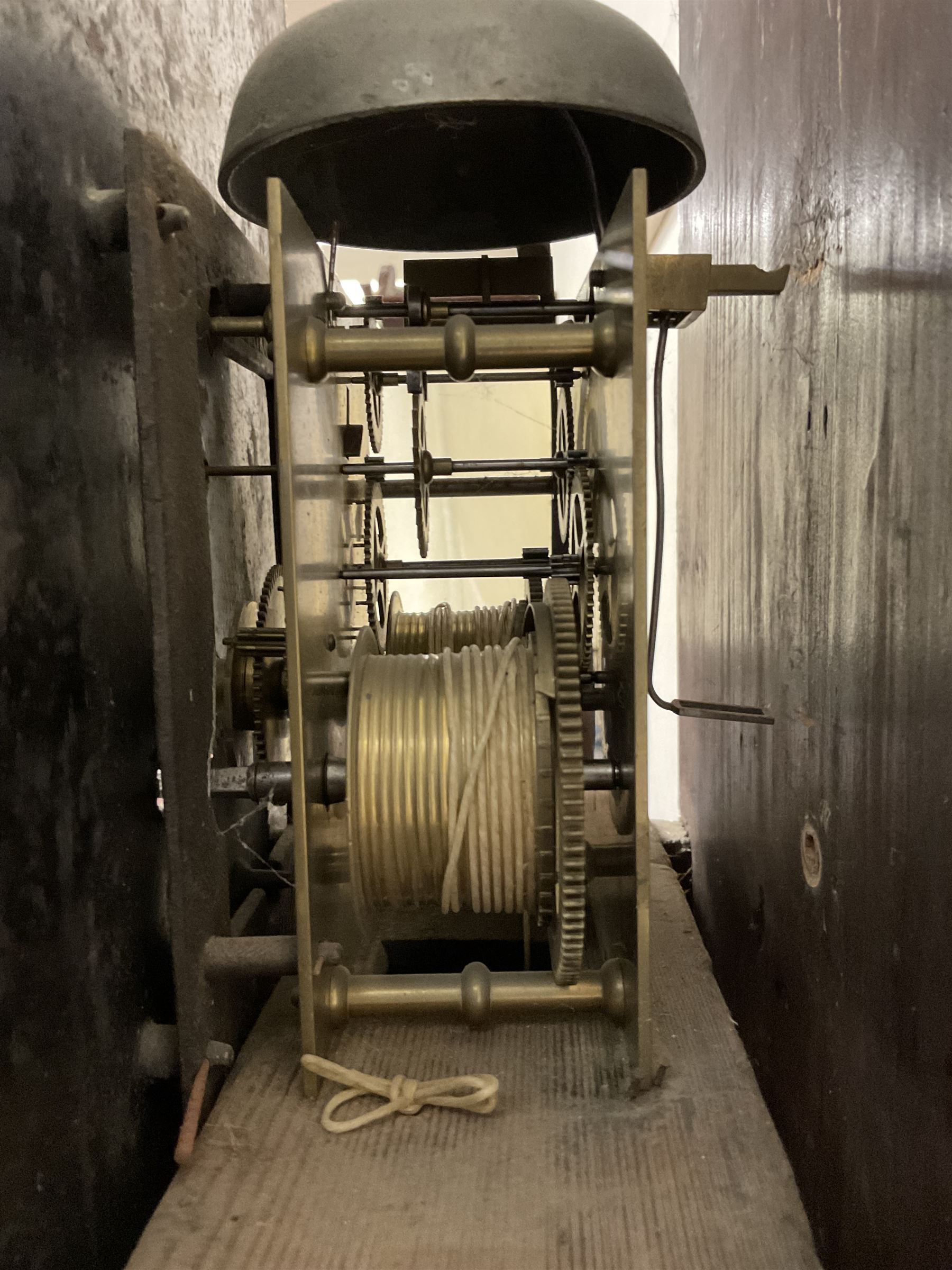 Grace Holborn of South Cave (Nr Hull Yorks.) -  Oak and mahogany 8-day longcase clock, c1820, with a pagoda topped pediment with inlay and three ball and spire finials, break arch painted dial flanked by two reeded pilasters with brass capitals, trunk with canted corners and a full length break arch door, square plinth on bracket feet, dial with upright Arabic numerals and geometric painted spandrels, depiction of an eagle and a snake to the arch,  with a seconds dial and calendar aperture, brass hands and seconds pointer, rack striking recoil anchor weight driven movement, striking the hours on a bell. With weights and pendulum.
Grace Holborn was most probably the widow of Charles William Holborn who was a clockmaker in South Cave 1759-1811.