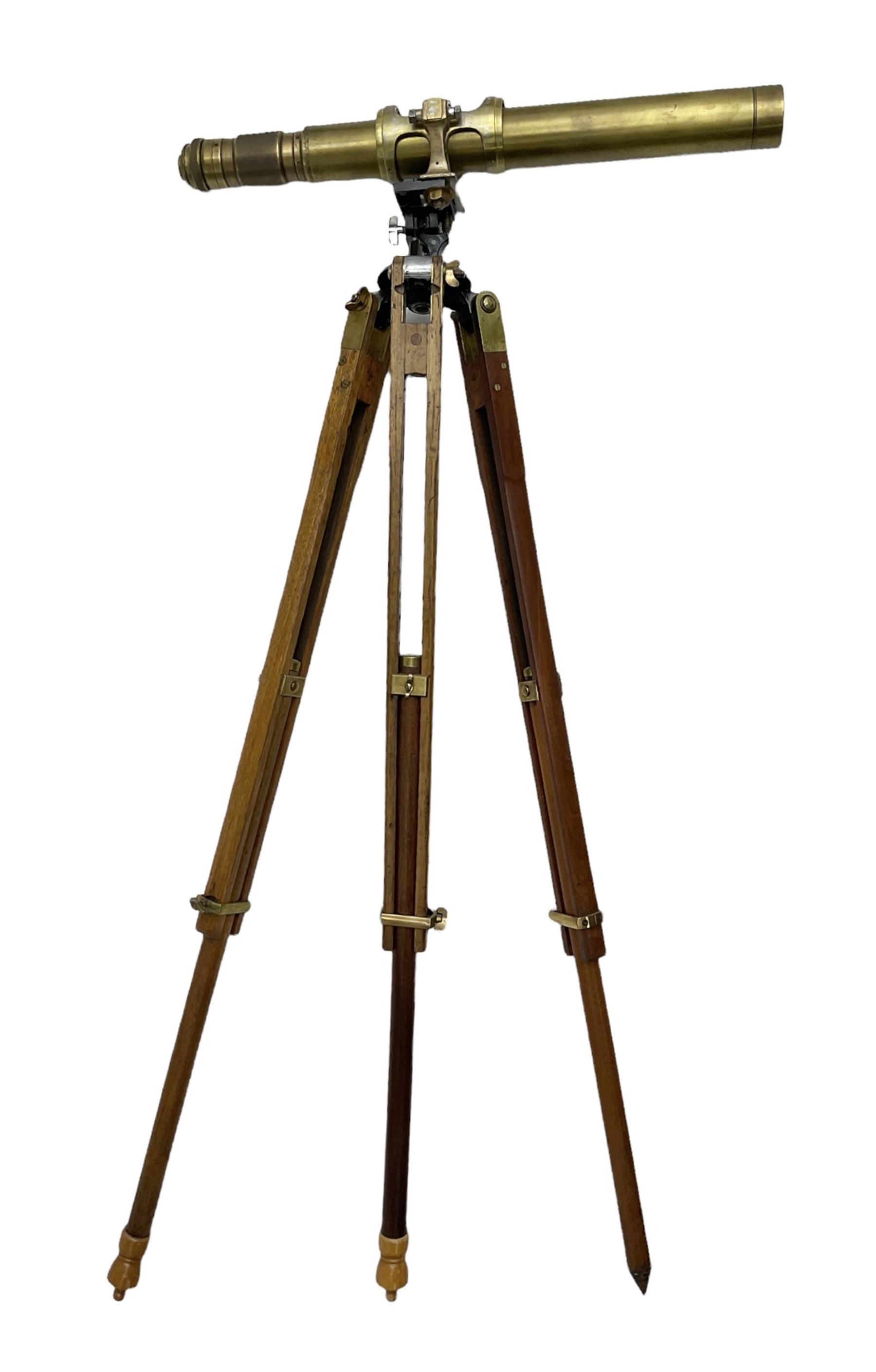 Early 20th century Ross London brass gunsight L67cm now as a telescope with Gaskell & Chambers bracket on hardwood and brass adjustable tripod marked 'Stands Inst No.16 Mk.1'