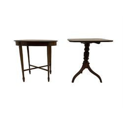 19th century mahogany tripod table, tilt-top on turned column with three splayed supports (67cm x 59cm, H73cm), and an Edwardian mahogany oval centre table (77cm x 56cm, H71cm)
