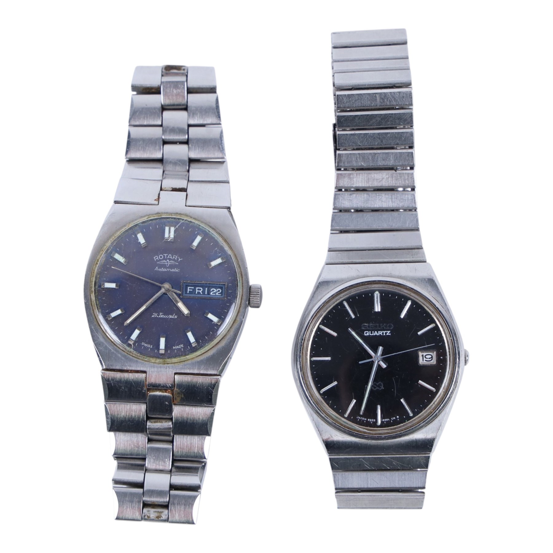Continental silver fob watch stamped 935, together with Swiss Hofman clock, Seiko and rotary watch 
