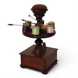 Victorian mahogany bobbin stand, together with pin wheel pin cushion, hat pins other sewing related items, stand H32cm