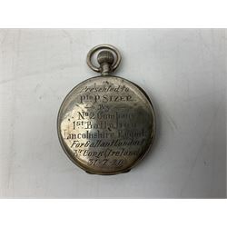 Miniature all nickel 2mm pin fire single shot pistol with engraved grip L4.5cm; together with a .925 silver half hunting cased keyless wind pocket watch inscribed 'Presented to Pte. P. Sizer By No.2 Company 1st Battalion Lincolnshire Regmt For Gallant Conduct Nr. Cork (Ireland) 31.7.20' (2)