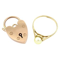 Gold locket clasp and a gold single stone pearl ring, both 9ct hallmarked or tested