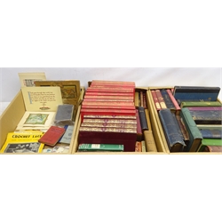  Everyman's Encyclopedia in 12 vols, The Story of the Great War in 11 vols, early 20th century cloth bound books, The Poetical Works of John Milton, leather bound, 1855, Folk Tales from Many Lands, The Nurse's Dictionary 1930, stamps and other ephemera in four boxes  