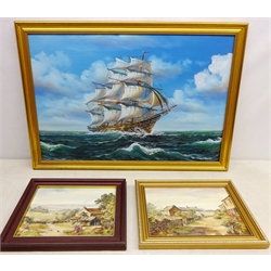  Sailing Ship at Sea, 20th century oil on canvas signed Ambrose 50cm x 75cm and Rural Farmhouses, two oils on board signed D Jones 22cm x 30cm (3)  