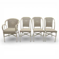 Kok Maison - 20th century French wicker chairs, set of eight including two carvers, with arched woven backs and seats in close cane weave, the frames painted cream, the arms with wrapped wicker detail, raised on turned supports united by cross shaped stretchers