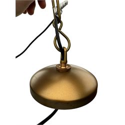 India Jane Interiors - pair of gilt metal and glass spherical ceiling light pendants, decorated with glass beads and pendants, foliage cast metal upper band, mounted by lower finial - ex-display/bankruptcy stock 