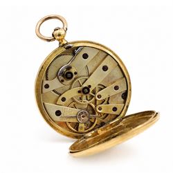 19th century 18ct gold cylinder pocket watch, gilt dial with Roman numeral hour markers, retailed by A.Matthey, back case with engine turned decoration and empty cartouche, stamped 18 Carat Fine