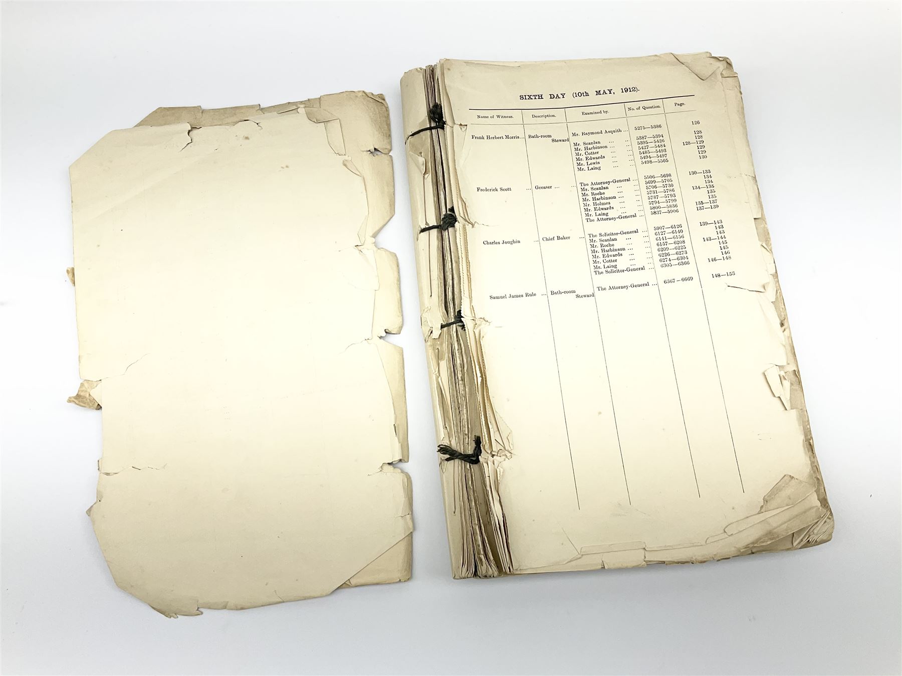 White Star line SS 'Titanic' - Proceedings Before The Right Hon. Lord Mersey, with Rear Admiral The Hon. S.A. Gough-Calthorpe C.V.O., R.N., et al. On a formal investigation ordered by the Board of Trade into the loss of the SS 'Titanic'. In the Wreck Commissioner's Court May/June 1912. Published by HMSO London. Unbound with hand written paper cover titled 'Evidence Given At 'Titanic' Inquiry 1st to 18th days. Incomplete - missing days 1 to 4 in list of witnesses, day 18 missing pp.503-506, appendix inserted between days 17 and 18. A rare and interesting part copy of the proceedings with unique annotations in many page margins. The first day title page is named in ink 'Mrs. Robinson', presumably Mrs. Annie Robinson First Class Stewardess and survivor, whose examination was on the eleventh day and which is partly highlighted in red pencil. The first eleven days also contain various pencil marginalia, hand unknown, together with a pencil cross-section drawing of the ship, with references to the pre-voyage fire and the engineers. The title pages of the twelfth day to the eighteenth day are all named in ink 'Mr. Boyle', referring to Alexander Boyle, with the twelfth day also bearing his professional stamp as 'Engineer Surveyor In Chief 23rd May 1912 Board of Trade'. No marginalia is found on days 12 to 18.