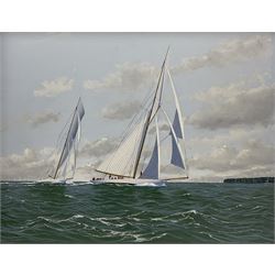 James Miller (British 1962-): 'Tuiga Leads Mariquita - Cowes Classics Week 2010', oil on canvas signed, titled verso 39cm x 49cm