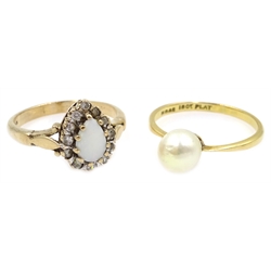  Gold single stone pearl ring stamped 18ct and a gold opal and stone set ring, hallmarked 9ct  