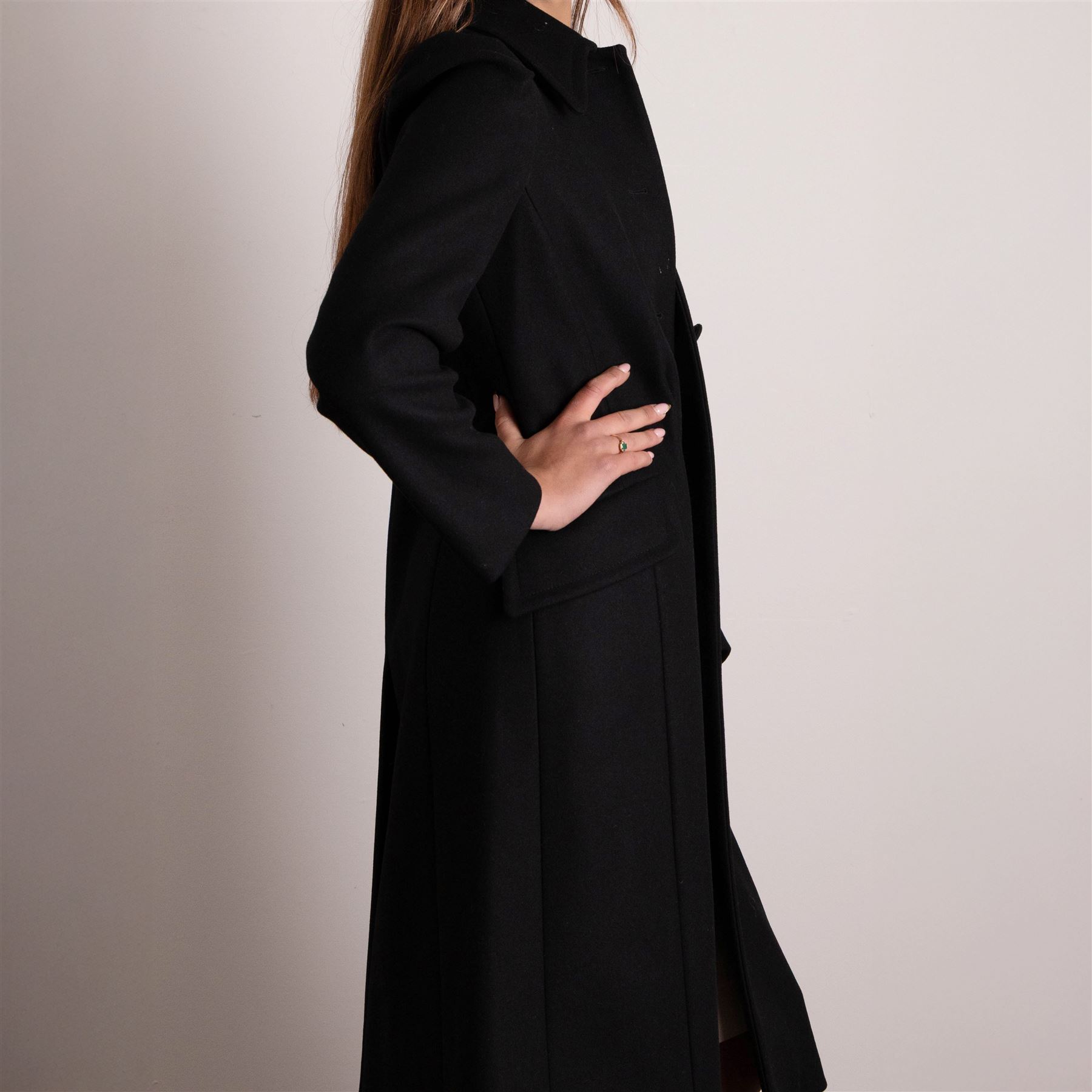 Prada - black Melton wool coat, in a redingote style with front fastening and fabric-covered buttons, flap pockets and a structured collar with slit to the back, size 44, unused with the original garment bag and hanger