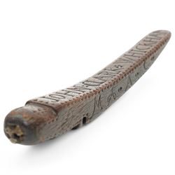 19th century carved treen knitting sheath love token inscribed 'John Clark Whickham', the reverse 'Rebecca Acktin' the sides with initials and dated 1838 L21cm