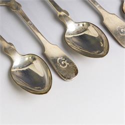 Set of six German silver Fiddle pattern table spoons with engraved initials to terminal, 800 standard with crescent and crown mark