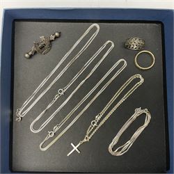 9ct white gold stone set eternity ring, hallmarked, silver jewellery including necklace chains, paste brooch and a ring and a collection of Victorian and later costume jewellery, in mahogany jewellery box with mother of pearl inlay and velvet interior