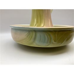 Wash jug and bowl with merging pink, green and blue decoration, bowl D40cm