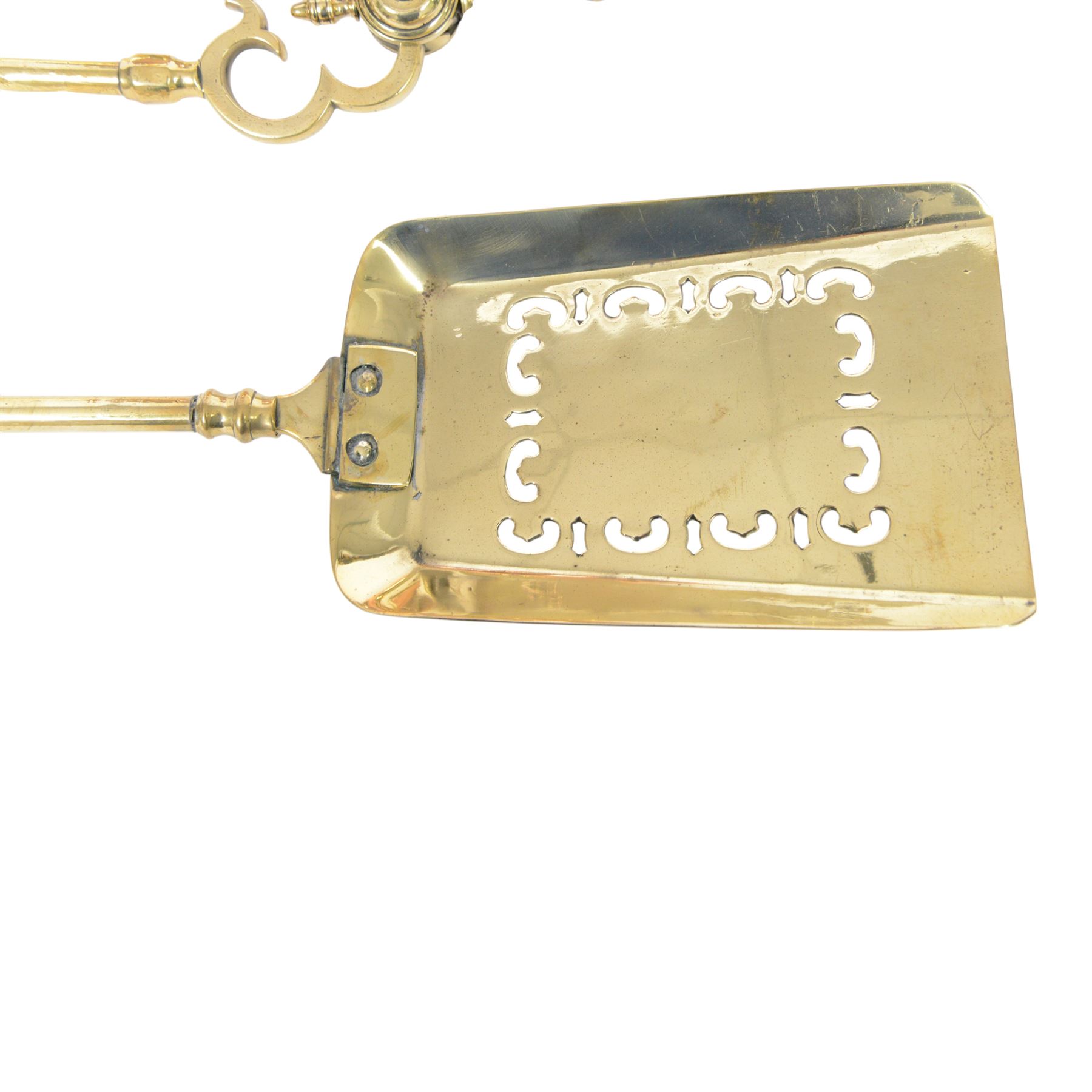 Victorian copper coal bucket, of bellied form with swing handle, upon three brass lion paw feet, not including handle H33cm, together with brass fireside accessories