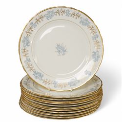 Tuscan Avondale dinner and coffee service for twelve covers with a blue and gilt border pattern comprising  twelve dinner plates, twelve dessert plates, twelve side plates, twelve two handled soup bowls and stands, four vegetable dishes and covers,  four graduated meat plates, sauce boat and stand, twelve coffee cups and saucers and twelve tea plates (106)