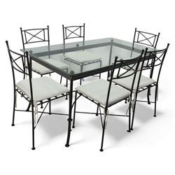 Modern metal and glass conservatory suite, comprising rectangular dining table with clear glass top and six matching metal framed chairs with upholstered seats, together with a matching glass topped coffee table
(Chairs H 92cm, W 42cm, Coffee table H 45cm, W 60cm)
