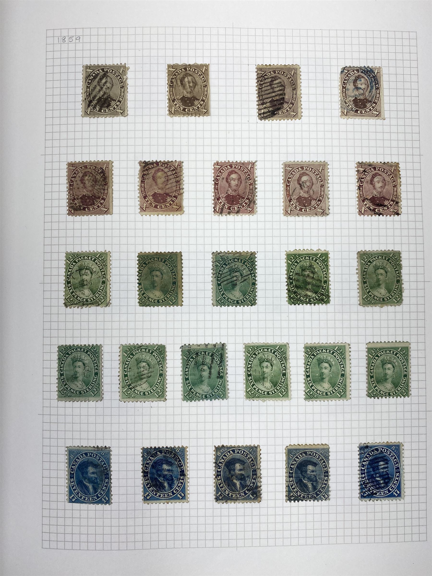 Canada Queen Victoria and later stamps, including 1852-57 six pence, ten pence etc, duplicates throughout showing variation, various King Edward VII issues, stamps on covers, Queen Elizabeth II unused blocks etc, housed in an album
