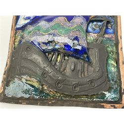 Henry George Murphy (1884-1939), large Arts & Crafts enamel panel, of square form decorated with a stylised ship, upon a green and blue ground, H7cm W7cm  