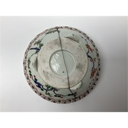 19th century and later Chinese ceramics, to include footed bowl, with hand painted floral and foliate decoration, with pierced lattice work border, upon three bracket feet, together with Chinese export porcelain rice bowl and cover, decorated in enamel with cockerels, against floral and foliate ground, three floral tea bowls and similar plate, largest D17.8cm