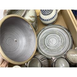 Studio pottery, including cake stand, jugs, vases and mugs, etc, in two boxes