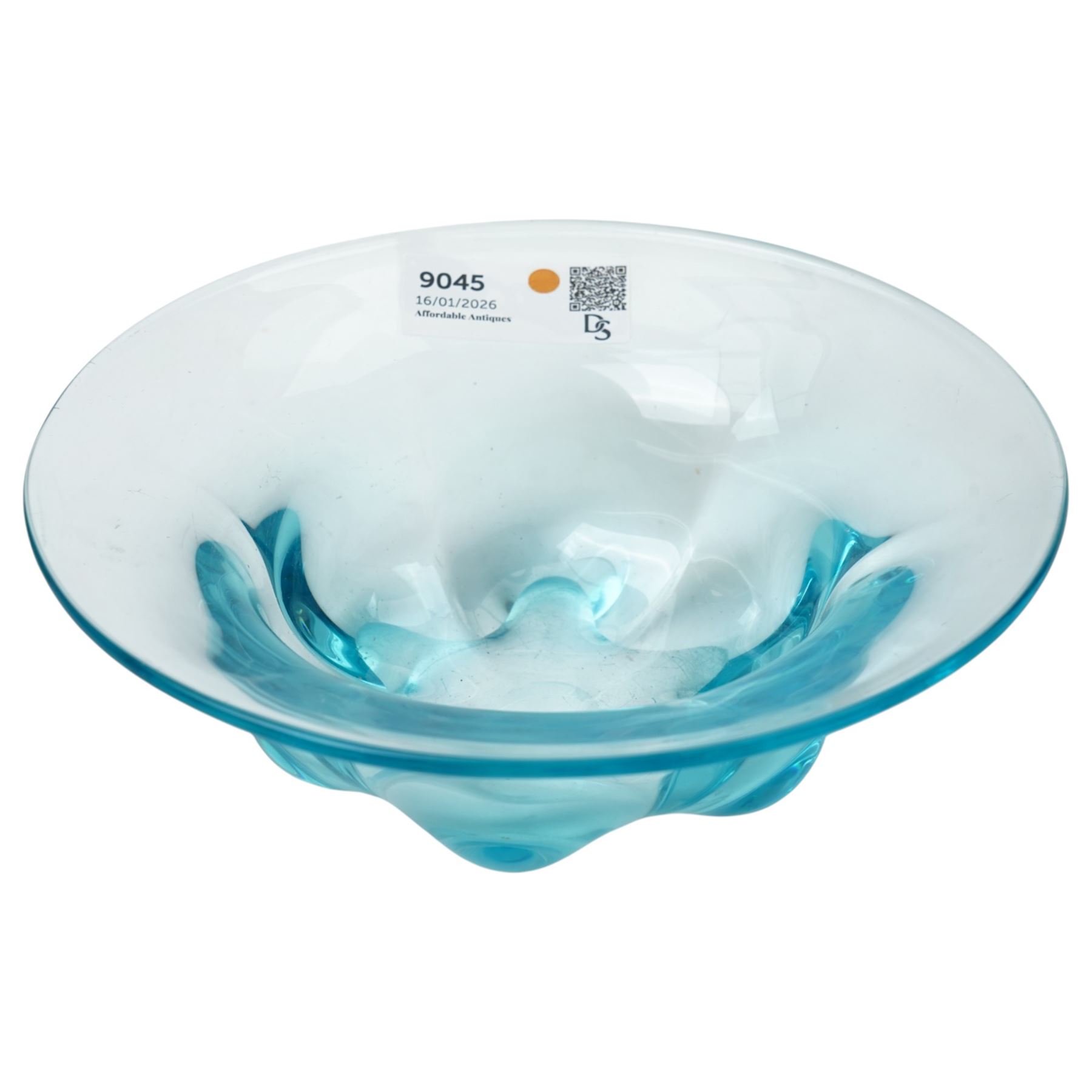 Victorian Mary Gregory style green glass vase, and blue studio glass bowl, D26cm 