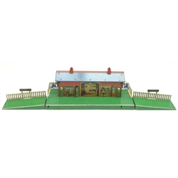 Hornby '0' gauge - three-piece Wembley Station fitted with electric lighting, tin printed building and green platforms, in post production Hornby Series green labelled plain cardboard box