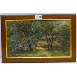  James Ulric Walmsley (British 1860-1954): Woodland Path with Sheep in the Distance,  oil on canvas signed 20.5cm x 35.5cm  DDS - Artist's resale rights may apply to this lot     
