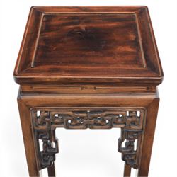 Chinese style hardwood open latticework plantstand, square top ove latticework spandrels raised on square supports united by stretchers