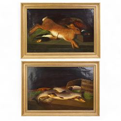 James B Russell (Scottish 1867-1956): Still Life of 'A Good Basket of Spey Trout' and 'Hare Pheasant and Snipe', pair oils on canvas signed, the latter dated 1923, titled verso 39cm x 59cm (2)
Notes: James B Russell was the son of the artist John Bucknell Russell (Scottish 1820-1893), both painted under the signature J.B. Russell, with similar styles and subject matters; as a result the two are often confused. 