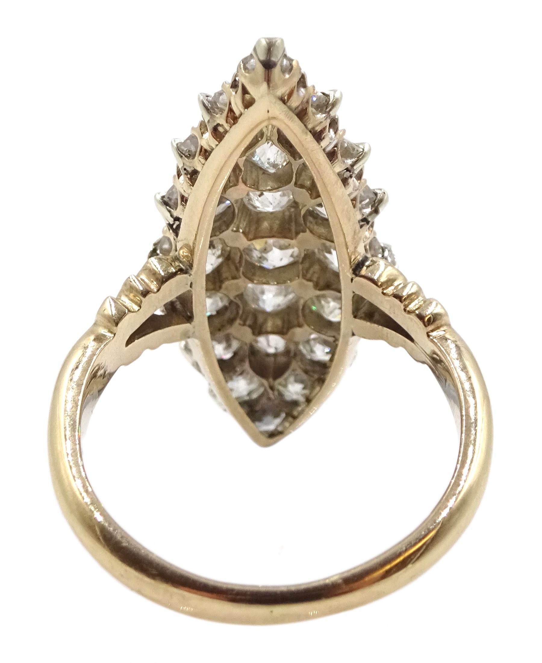 Victorian rose gold and silver, diamond marquise shaped ring, total diamond weight approx 1.70 carat
