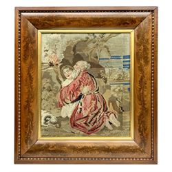 FRAMES - Victorian figured mahogany frame, with egg and dart edging and a gilt slip, containing a Berlin woolwork picture depicting Abraham and Isaac, H78cm W69.5cm, aperture Xcm x Xcm