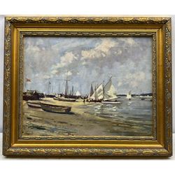 Circle of Edward Seago (British 1910-1974): Yachts on the Beach, oil on canvas unsigned 35cm x 45cm