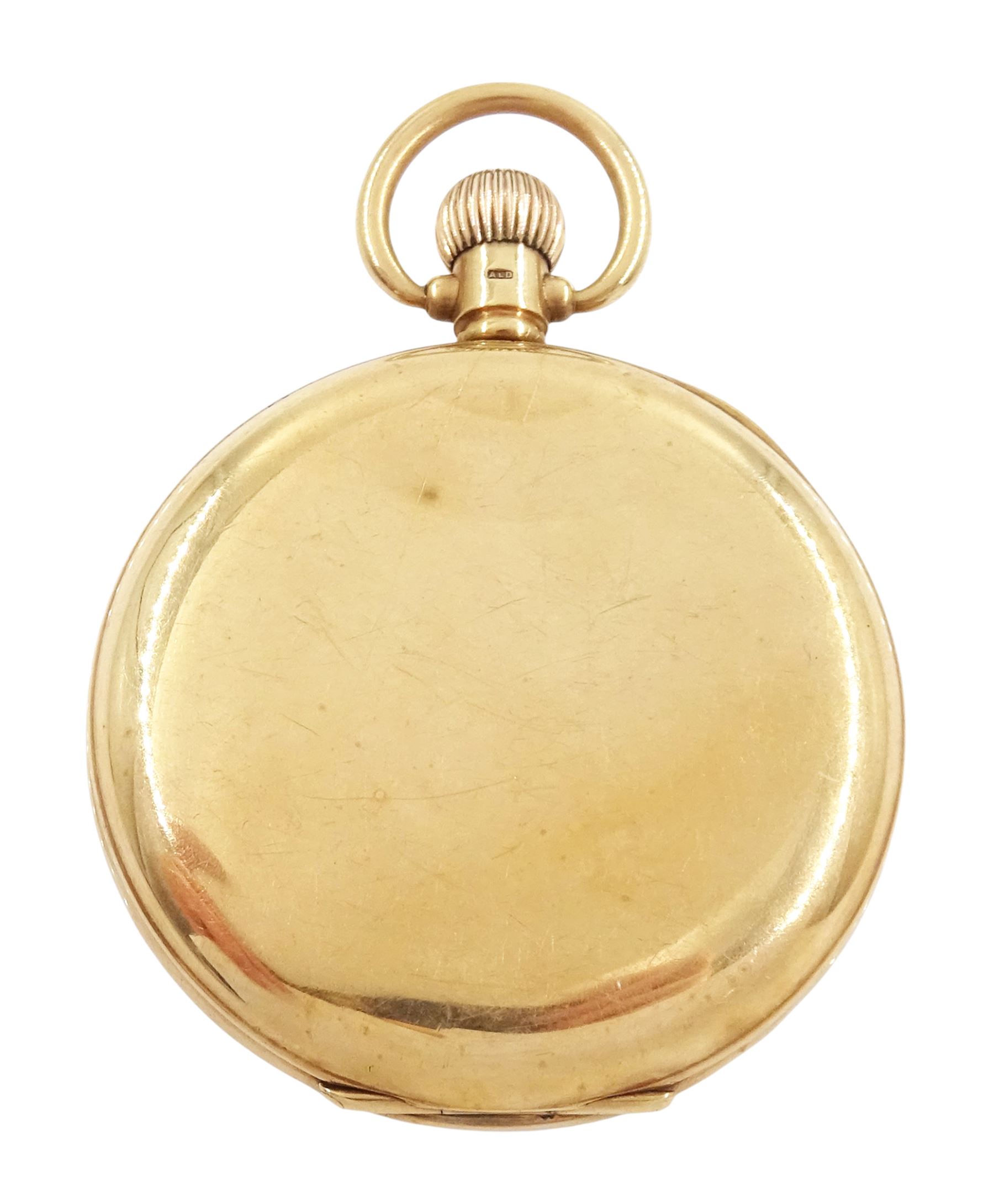 Early 20th century 9ct gold open face keyless lever pocket watch by Rolex, white enamel dial with Roman numeral hour markers and subsidiary seconds dial, case by Dennison, Birmingham 1925